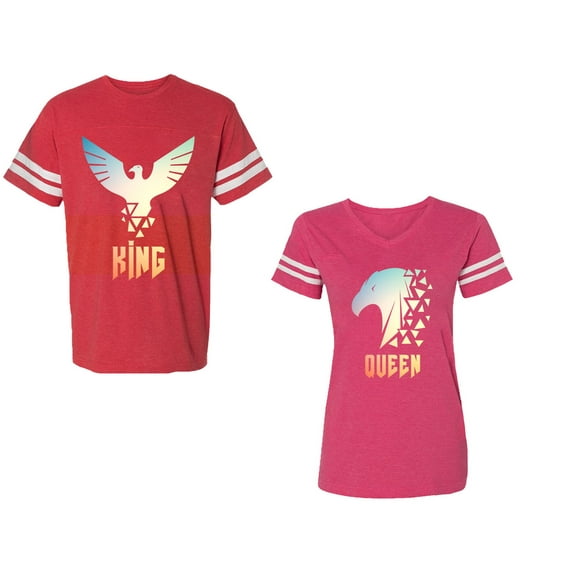 King Queen Eagle Sunny Unisex Couple Matching Cotton Jersey style T-Shirt Contrasting stripes on sleeves (Men Red / Women Pink) (Men XL / Women XL)