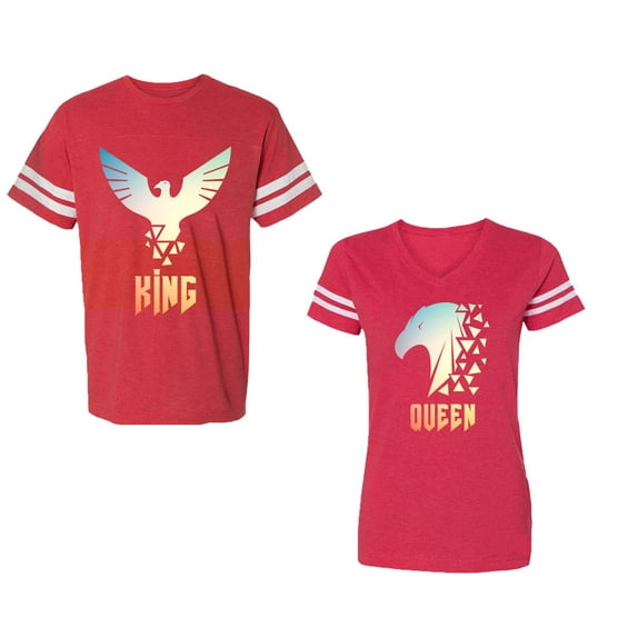 King Queen Eagle Sunny Unisex Couple Matching Cotton Jersey style T-Shirt Contrasting stripes on sleeves (Men Red / Women Red) (Men L / Women S)