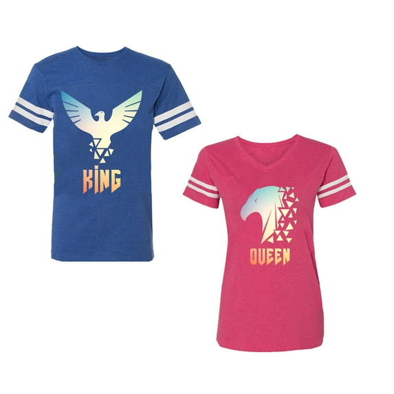 King Queen Eagle Sunny Unisex Couple Matching Cotton Jersey style T-Shirt Contrasting stripes on sleeves (Men Royal / Women Pink) (Men M / Women L)