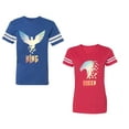 thumbnail image 1 of King Queen Eagle Sunny Unisex Couple Matching Cotton Jersey style T-Shirt Contrasting stripes on sleeves (Men Royal / Women Red) (Men XXL / Women S), 1 of 3