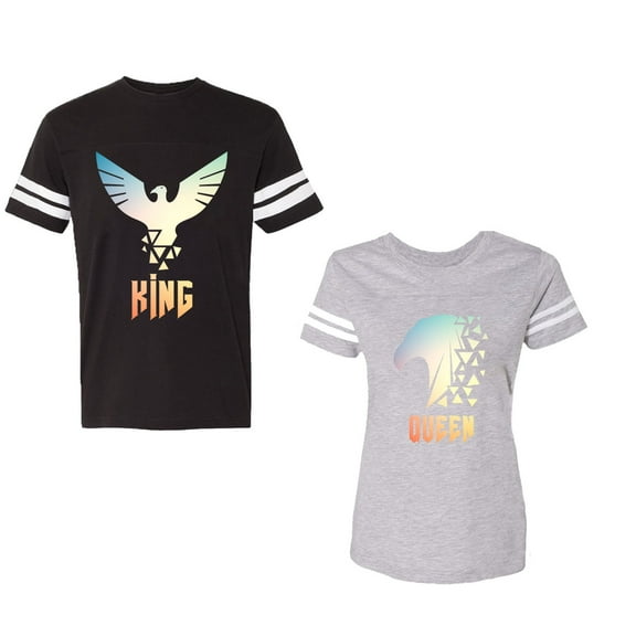 King Queen Eagle Sunny Unisex Couple Matching Cotton Jersey style T-Shirt Contrasting stripes on sleeves (Men Black / Women Heather) (Men L / Women L)