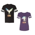 thumbnail image 1 of King Queen Eagle Sunny Unisex Couple Matching Cotton Jersey style T-Shirt Contrasting stripes on sleeves (Men Black / Women Purple) (Men XL / Women S), 1 of 3
