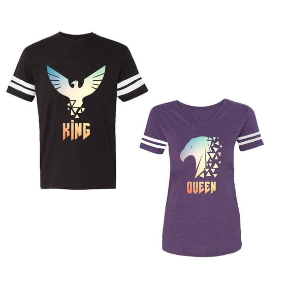 King Queen Eagle Sunny Unisex Couple Matching Cotton Jersey style T-Shirt Contrasting stripes on sleeves (Men Black / Women Purple) (Men XXL / Women S)