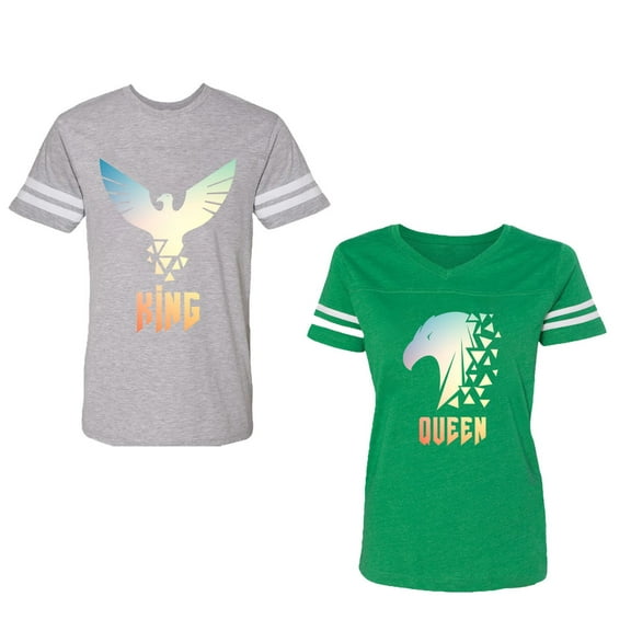 King Queen Eagle Sunny Unisex Couple Matching Cotton Jersey style T-Shirt Contrasting stripes on sleeves (Men Heather / Women Green) (Men L / Women XXL)