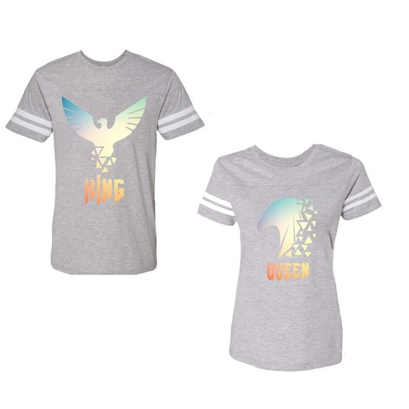 King Queen Eagle Sunny Unisex Couple Matching Cotton Jersey style T-Shirt Contrasting stripes on sleeves (Men Heather / Women Heather) (Men XL / Women L)