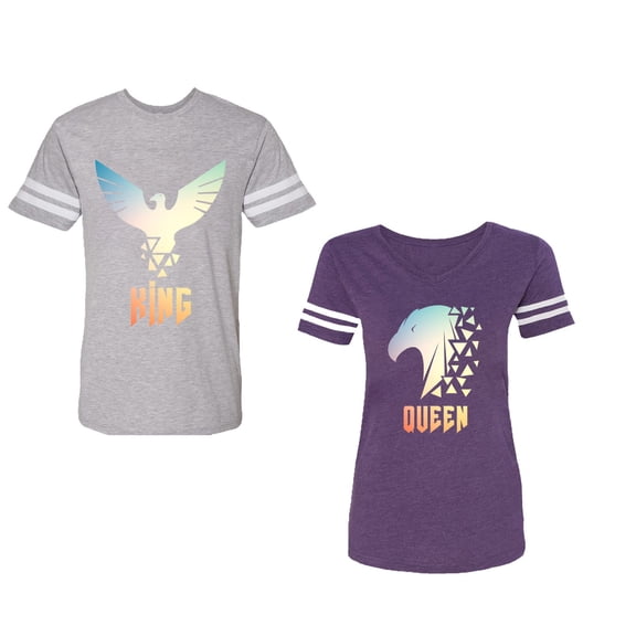 King Queen Eagle Sunny Unisex Couple Matching Cotton Jersey style T-Shirt Contrasting stripes on sleeves (Men Heather / Women Purple) (Men M / Women XL)