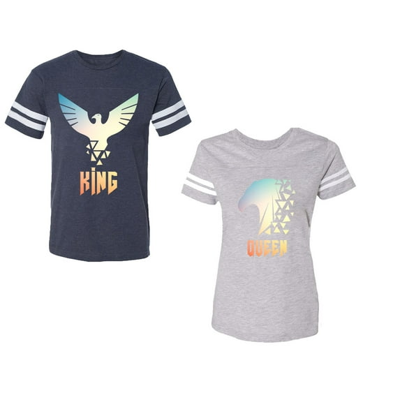 King Queen Eagle Sunny Unisex Couple Matching Cotton Jersey style T-Shirt Contrasting stripes on sleeves (Men Navy / Women Heather) (Men L / Women XXL)