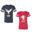 thumbnail image 1 of King Queen Eagle Sunny Unisex Couple Matching Cotton Jersey style T-Shirt Contrasting stripes on sleeves (Men Navy / Women Red) (Men XXXL / Women XXL), 1 of 3