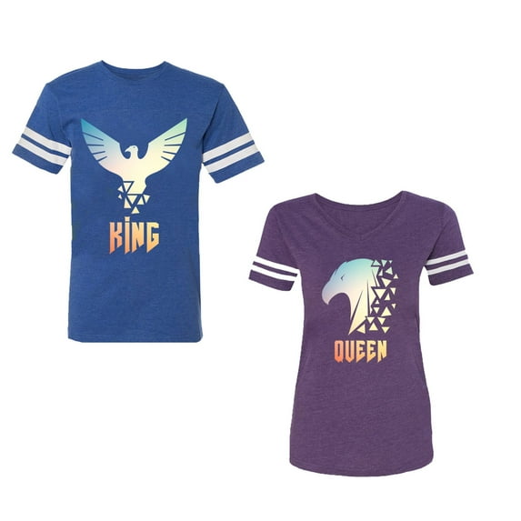 King Queen Eagle Sunny Unisex Couple Matching Cotton Jersey style T-Shirt Contrasting stripes on sleeves (Men Royal / Women Purple) (Men M / Women XXL)