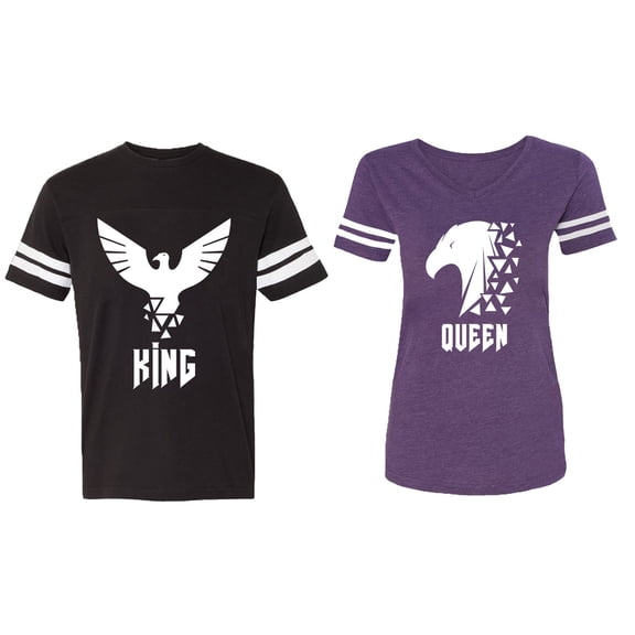King Queen Eagle White Matching Couple Cotton Jerseys (Men Black / Women Purple) (Men L / Women XL)