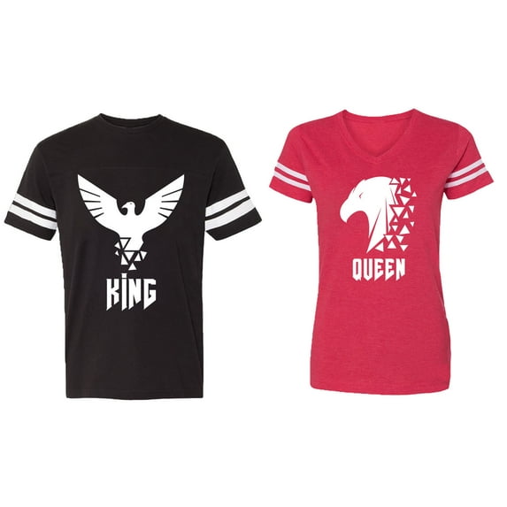 King Queen Eagle White Matching Couple Cotton Jerseys (Men Black / Women Red) (Men L / Women L)