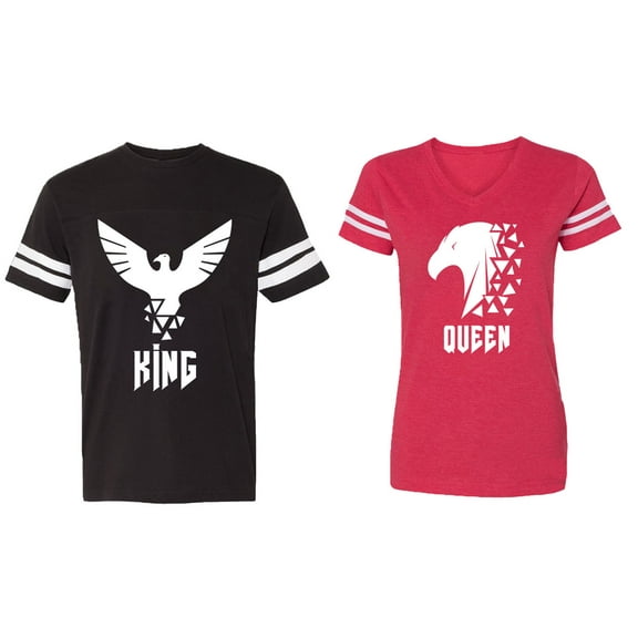 King Queen Eagle White Matching Couple Cotton Jerseys (Men Black / Women Red) (Men L / Women S)