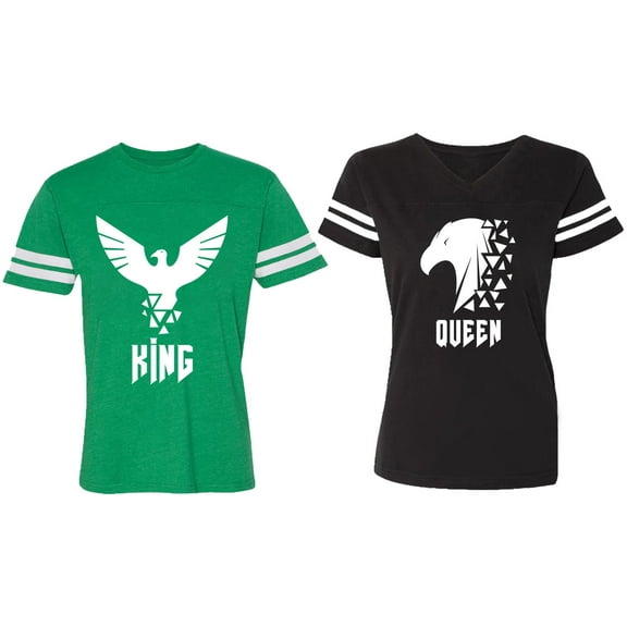 King Queen Eagle White Matching Couple Cotton Jerseys (Men Green / Women Black) (Men XL / Women M)