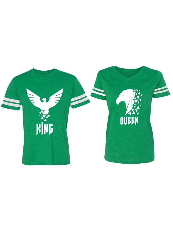 King Queen Eagle White Matching Couple Cotton Jerseys (Men Green / Women Green) (Men M / Women M)