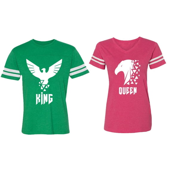 King Queen Eagle White Matching Couple Cotton Jerseys (Men Green / Women Pink) (Men S / Women M)