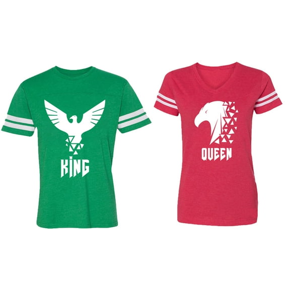 King Queen Eagle White Matching Couple Cotton Jerseys (Men Green / Women Red) (Men XL / Women XXL)