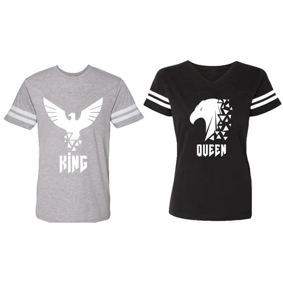 King Queen Eagle White Matching Couple Cotton Jerseys (Men Heather / Women Black) (Men S / Women S)