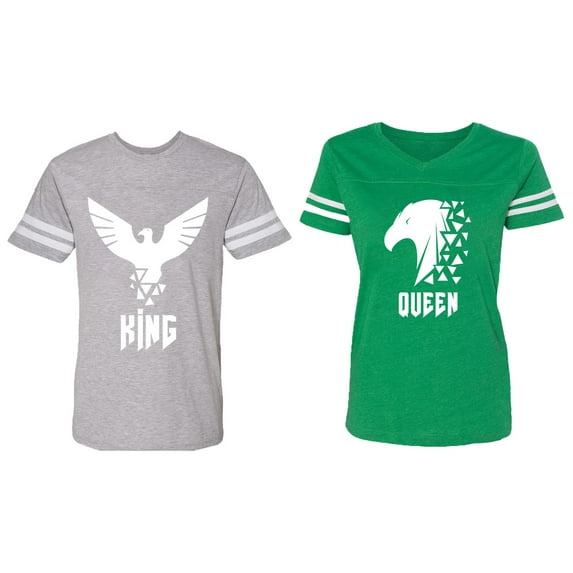 King Queen Eagle White Matching Couple Cotton Jerseys (Men Heather / Women Green) (Men L / Women XL)