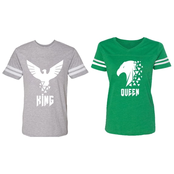 King Queen Eagle White Matching Couple Cotton Jerseys (Men Heather / Women Green) (Men M / Women S)