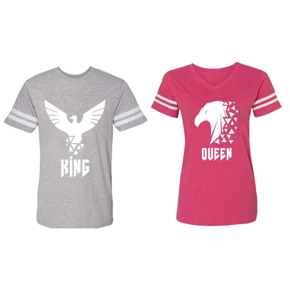 King Queen Eagle White Matching Couple Cotton Jerseys (Men Heather / Women Pink) (Men L / Women XXL)