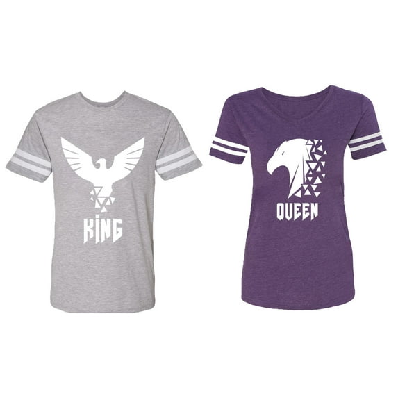 King Queen Eagle White Matching Couple Cotton Jerseys (Men Heather / Women Purple) (Men XXL / Women S)