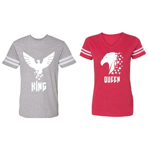 King Queen Eagle White Matching Couple Cotton Jerseys (Men Heather / Women Red) (Men XXL / Women XXL)