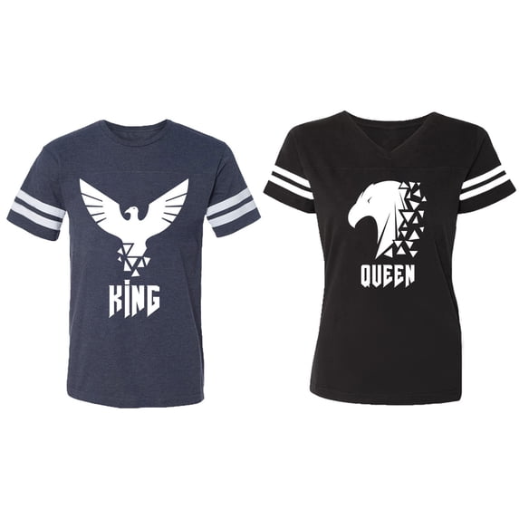 King Queen Eagle White Matching Couple Cotton Jerseys (Men Navy / Women Black) (Men L / Women XL)