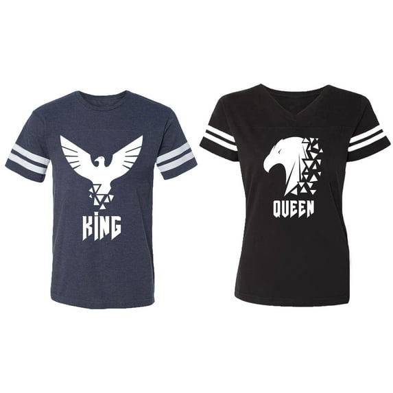 King Queen Eagle White Matching Couple Cotton Jerseys (Men Navy / Women Black) (Men S / Women XXL)