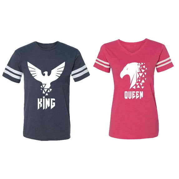 King Queen Eagle White Matching Couple Cotton Jerseys (Men Navy / Women Pink) (Men L / Women XL)