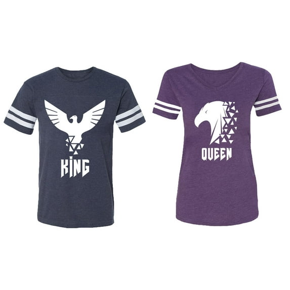 King Queen Eagle White Matching Couple Cotton Jerseys (Men Navy / Women Purple) (Men S / Women XL)