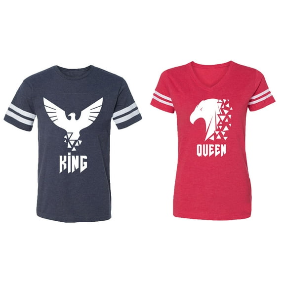 King Queen Eagle White Matching Couple Cotton Jerseys (Men Navy / Women Red) (Men L / Women S)