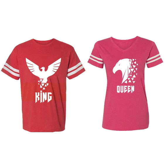 King Queen Eagle White Matching Couple Cotton Jerseys (Men Red / Women Pink) (Men XXL / Women XL)