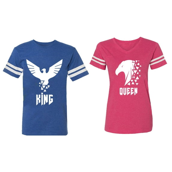 King Queen Eagle White Matching Couple Cotton Jerseys (Men Royal / Women Pink) (Men XL / Women XXL)