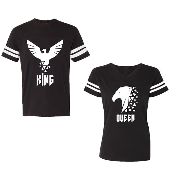 King Queen Eagle White Unisex Couple Matching Cotton Jersey style T-Shirt Contrasting stripes on sleeves (Men Black / Women Black) (Men S / Women S)