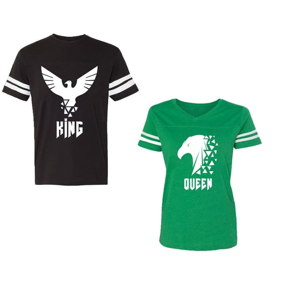 King Queen Eagle White Unisex Couple Matching Cotton Jersey style T-Shirt Contrasting stripes on sleeves (Men Black / Women Green) (Men L / Women M)