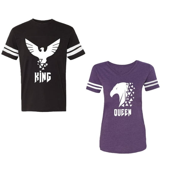 King Queen Eagle White Unisex Couple Matching Cotton Jersey style T-Shirt Contrasting stripes on sleeves (Men Black / Women Purple) (Men S / Women M)