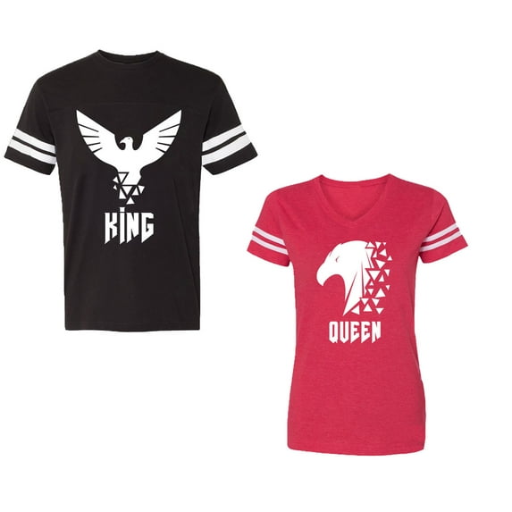 King Queen Eagle White Unisex Couple Matching Cotton Jersey style T-Shirt Contrasting stripes on sleeves (Men Black / Women Red) (Men XXL / Women XL)