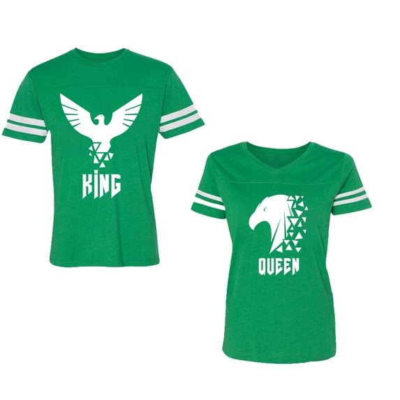 King Queen Eagle White Unisex Couple Matching Cotton Jersey style T-Shirt Contrasting stripes on sleeves (Men Green / Women Green) (Men L / Women L)