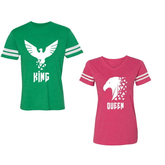 King Queen Eagle White Unisex Couple Matching Cotton Jersey style T-Shirt Contrasting stripes on sleeves (Men Green / Women Pink) (Men M / Women M)
