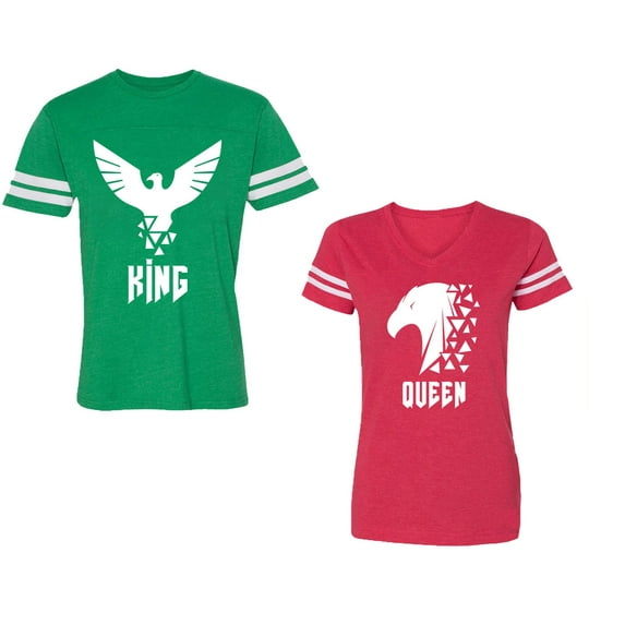 King Queen Eagle White Unisex Couple Matching Cotton Jersey style T-Shirt Contrasting stripes on sleeves (Men Green / Women Red) (Men L / Women S)