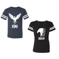 thumbnail image 1 of King Queen Eagle White Unisex Couple Matching Cotton Jersey style T-Shirt Contrasting stripes on sleeves (Men Navy / Women Black) (Men M / Women S), 1 of 3