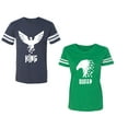 thumbnail image 1 of King Queen Eagle White Unisex Couple Matching Cotton Jersey style T-Shirt Contrasting stripes on sleeves (Men Navy / Women Green) (Men XXL / Women S), 1 of 3