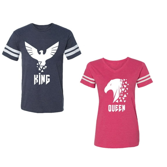 King Queen Eagle White Unisex Couple Matching Cotton Jersey style T-Shirt Contrasting stripes on sleeves (Men Navy / Women Pink) (Men XL / Women XXL)