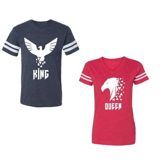 King Queen Eagle White Unisex Couple Matching Cotton Jersey style T-Shirt Contrasting stripes on sleeves (Men Navy / Women Red) (Men S / Women L)