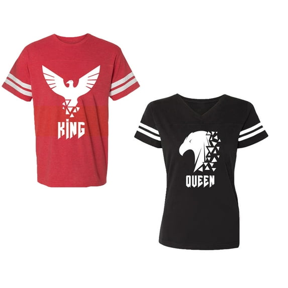 King Queen Eagle White Unisex Couple Matching Cotton Jersey style T-Shirt Contrasting stripes on sleeves (Men Red / Women Black) (Men M / Women XL)