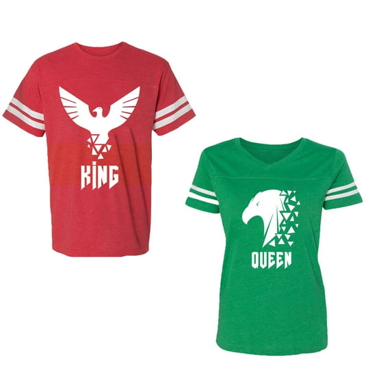 King Queen Eagle White Unisex Couple Matching Cotton Jersey style T-Shirt Contrasting stripes on sleeves (Men Red / Women Green) (Men XL / Women L)