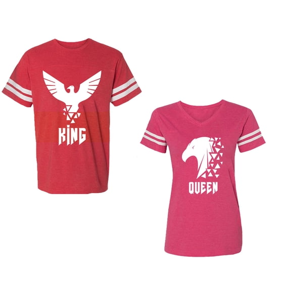 King Queen Eagle White Unisex Couple Matching Cotton Jersey style T-Shirt Contrasting stripes on sleeves (Men Red / Women Pink) (Men M / Women L)