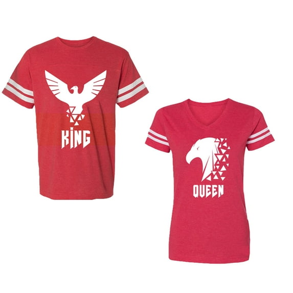 King Queen Eagle White Unisex Couple Matching Cotton Jersey style T-Shirt Contrasting stripes on sleeves (Men Red / Women Red) (Men S / Women L)