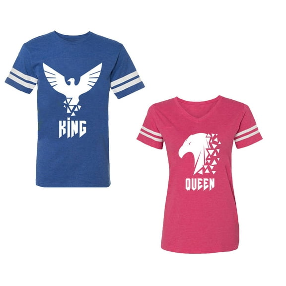 King Queen Eagle White Unisex Couple Matching Cotton Jersey style T-Shirt Contrasting stripes on sleeves (Men Royal / Women Pink) (Men S / Women XL)