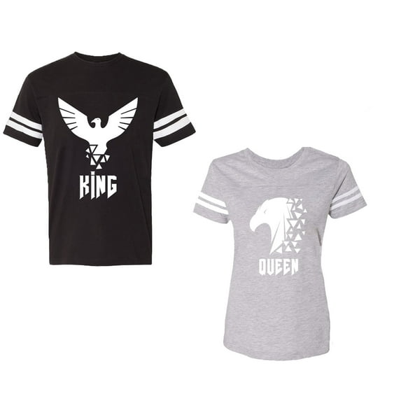 King Queen Eagle White Unisex Couple Matching Cotton Jersey style T-Shirt Contrasting stripes on sleeves (Men Black / Women Heather) (Men L / Women S)